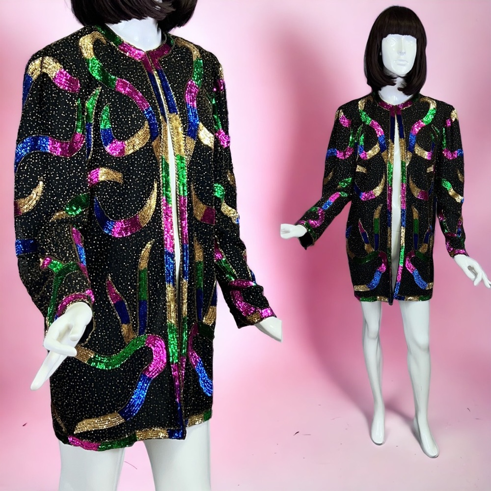 Vintage 80s Semi Sheer Colorful Beaded Scala Duster Jacket L